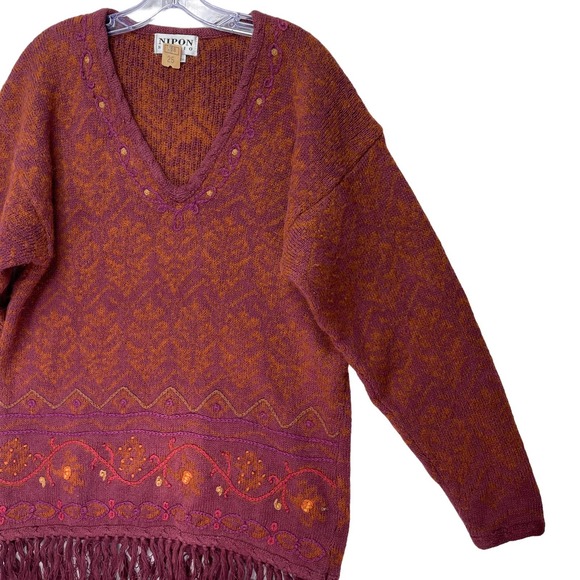 Nipon Studio Women's Vintage Sweater Embroidered Fringe Wool Cotton Red XL - Picture 7 of 16